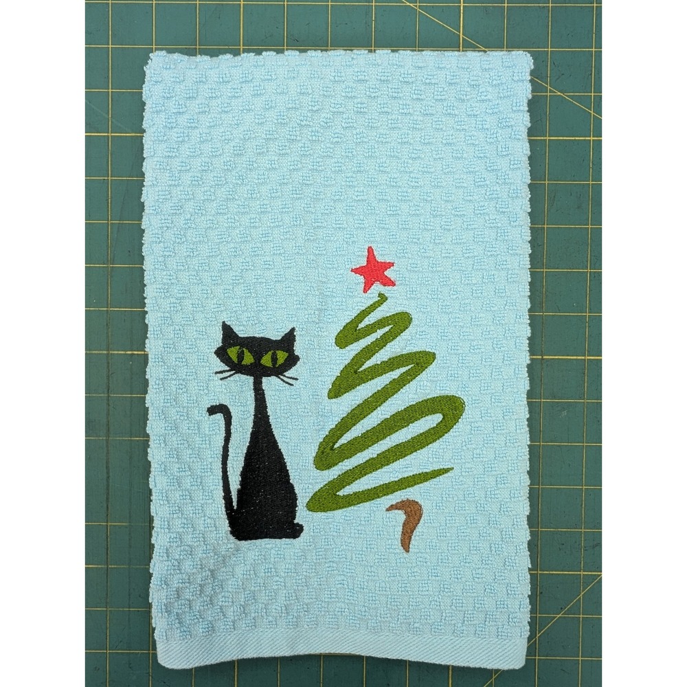 Christmas Swirl Tree Retro Cat Mid Century Modern Atomic Kitchen Bath Hand Towel